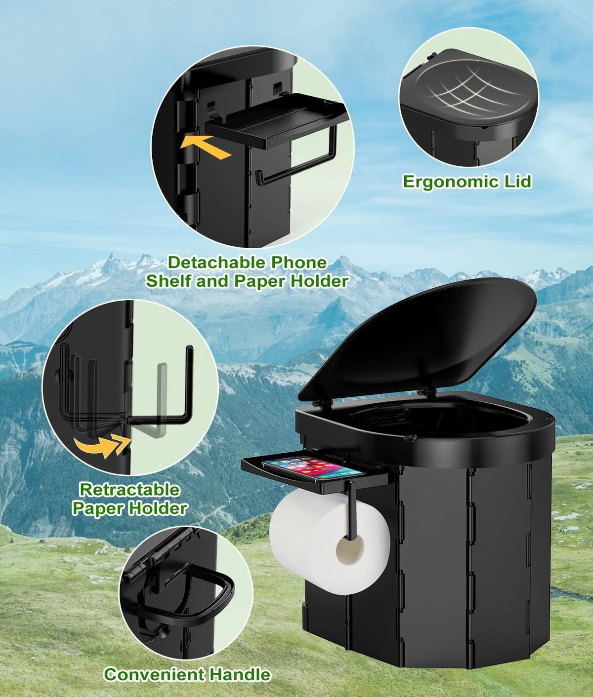Portable Toilet with Privacy Popup Tent & Phone Shelf