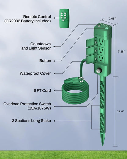 6-Outlet Outdoor Power Strip Timer for Yard Stake (100Ft Long Range)
