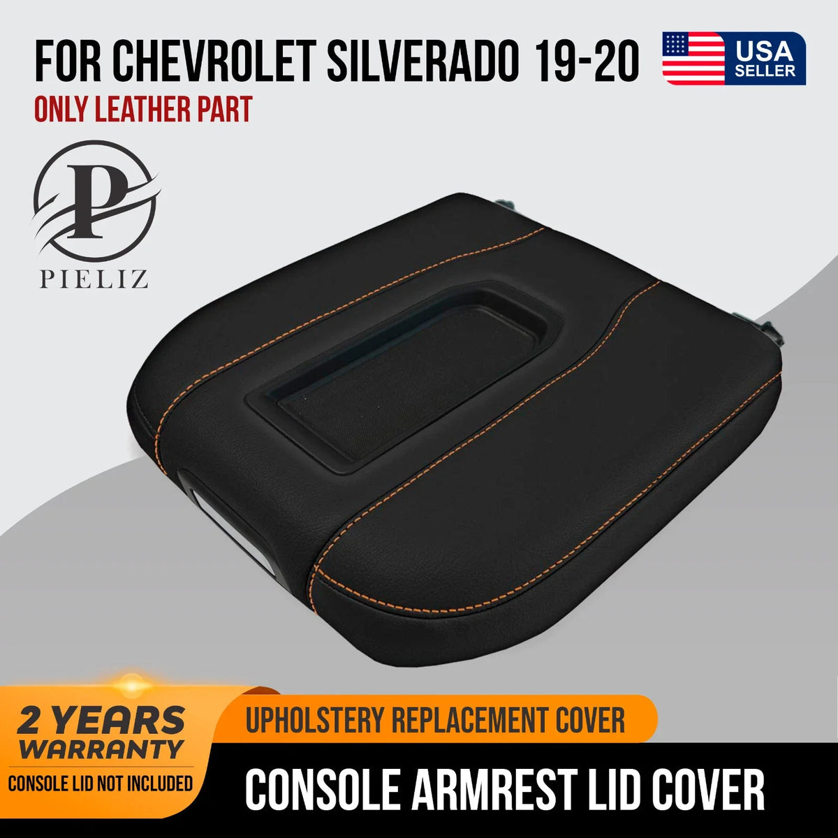 Console Lid Bucket Cover Leather for Chevrolet Silverado (2019–2020) Orange Stitch