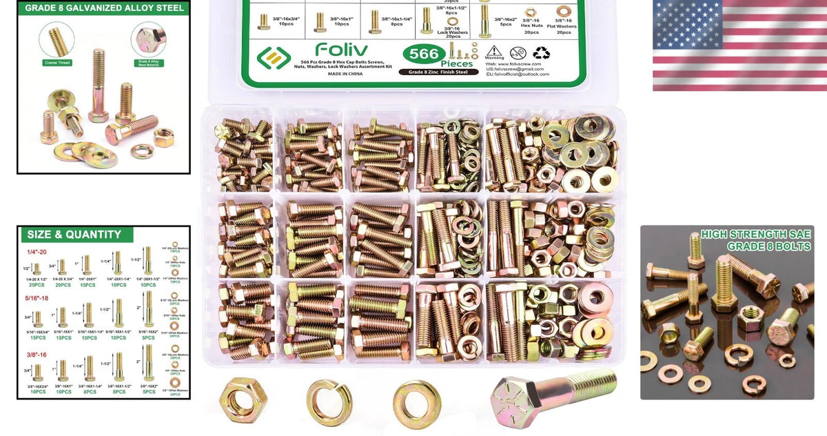 Set of 566 Alloy Steel Bolts & Nuts - Corrosion Resistant, 15 Sizes