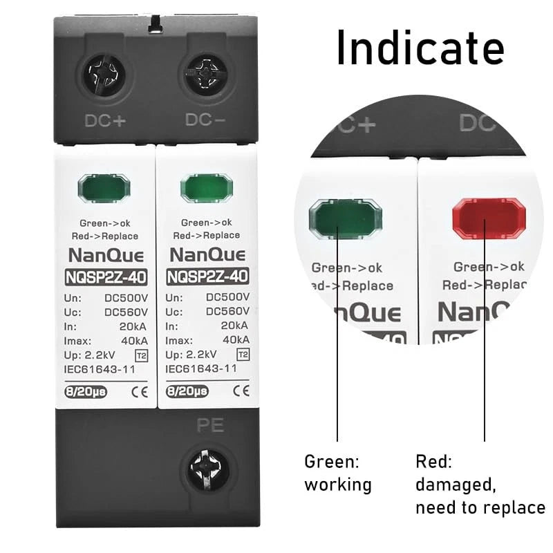 DC SPD Surge Protector for PV Systems 100V-1000V, 2-Pole 40kA T2