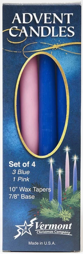 Set of 4 Blue Advent Candles - 10 Inch Wax Taper Candles