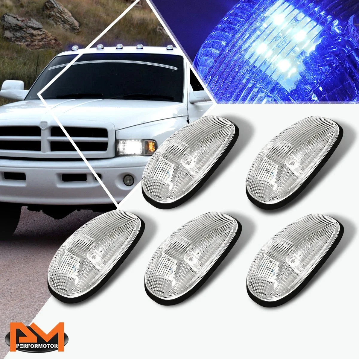 5Pcs Cab Roof Running Light Chrome Housing Blue LED for Dodge Ram (1999–2001)