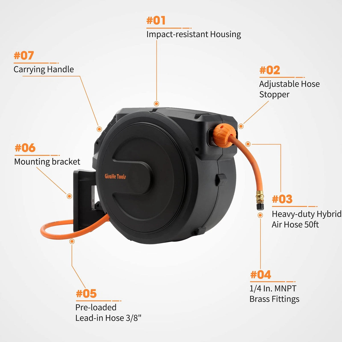 Retractable Air Hose Reel for Giraffe Tools (Enclosed, 3/8 in., Black)