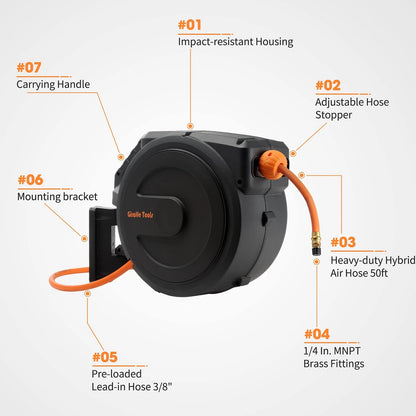 Retractable Air Hose Reel for Giraffe Tools (Enclosed, 3/8 in., Black)