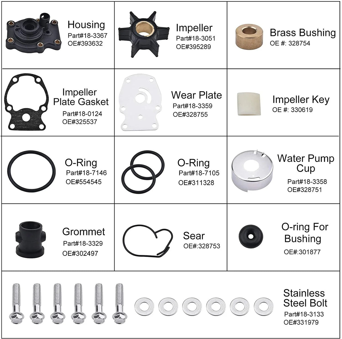 Water Pump Impeller Kit for Evinrude Johnson 20-35 HP Outboard (Replaces 393630)