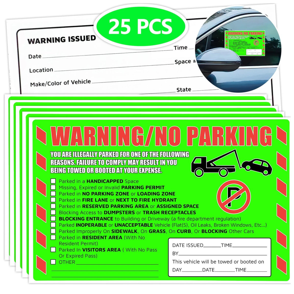 25 Pcs Parking Violation Stickers for Vehicles (Fluorescent Green)