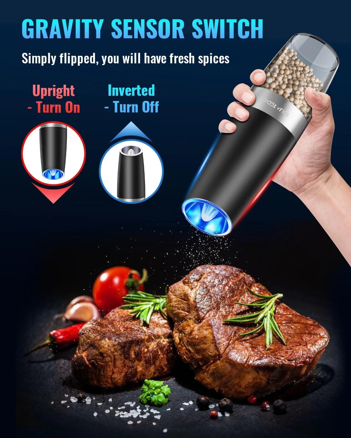 2X Electric Salt and Pepper Grinder Set, Gravity Sensor, Automatic Mill