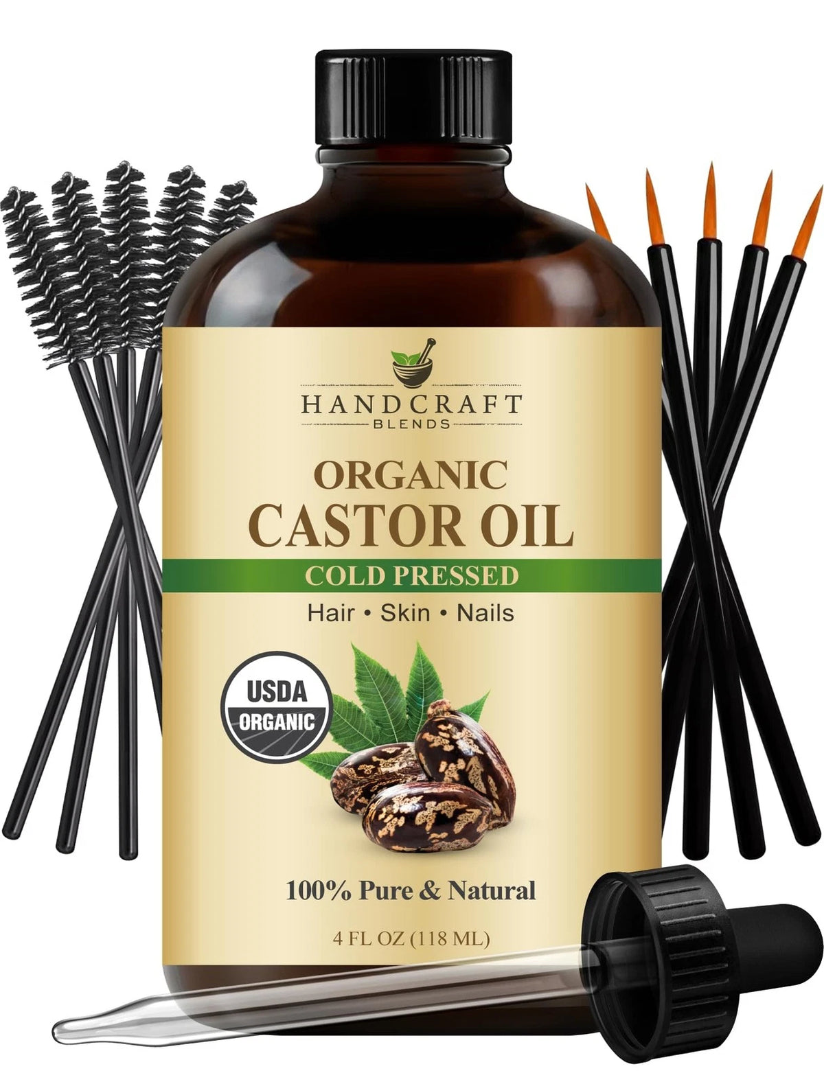 Organic Castor Oil 4 Fl Oz for Eyelash Growth with Lash Brushes