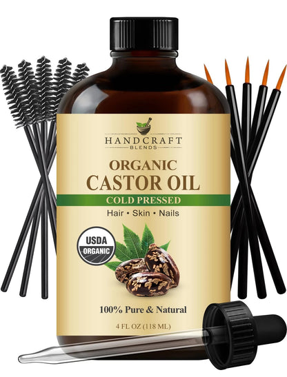 Organic Castor Oil 4 Fl Oz for Eyelash Growth with Lash Brushes