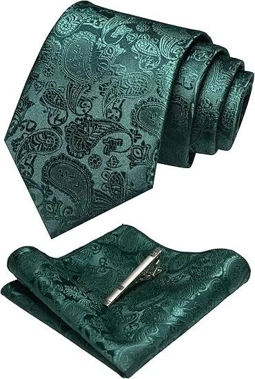 Set of 2 Men's Paisley Neckties with Pocket Squares - Emerald Green