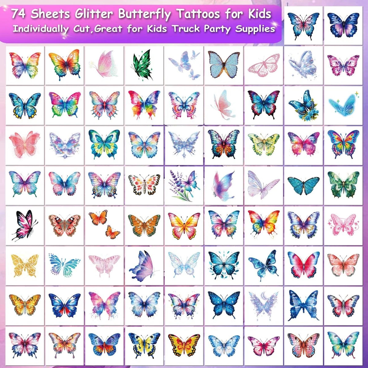 Glitter Butterfly Temporary Tattoos for Kids - 74 Multicolor