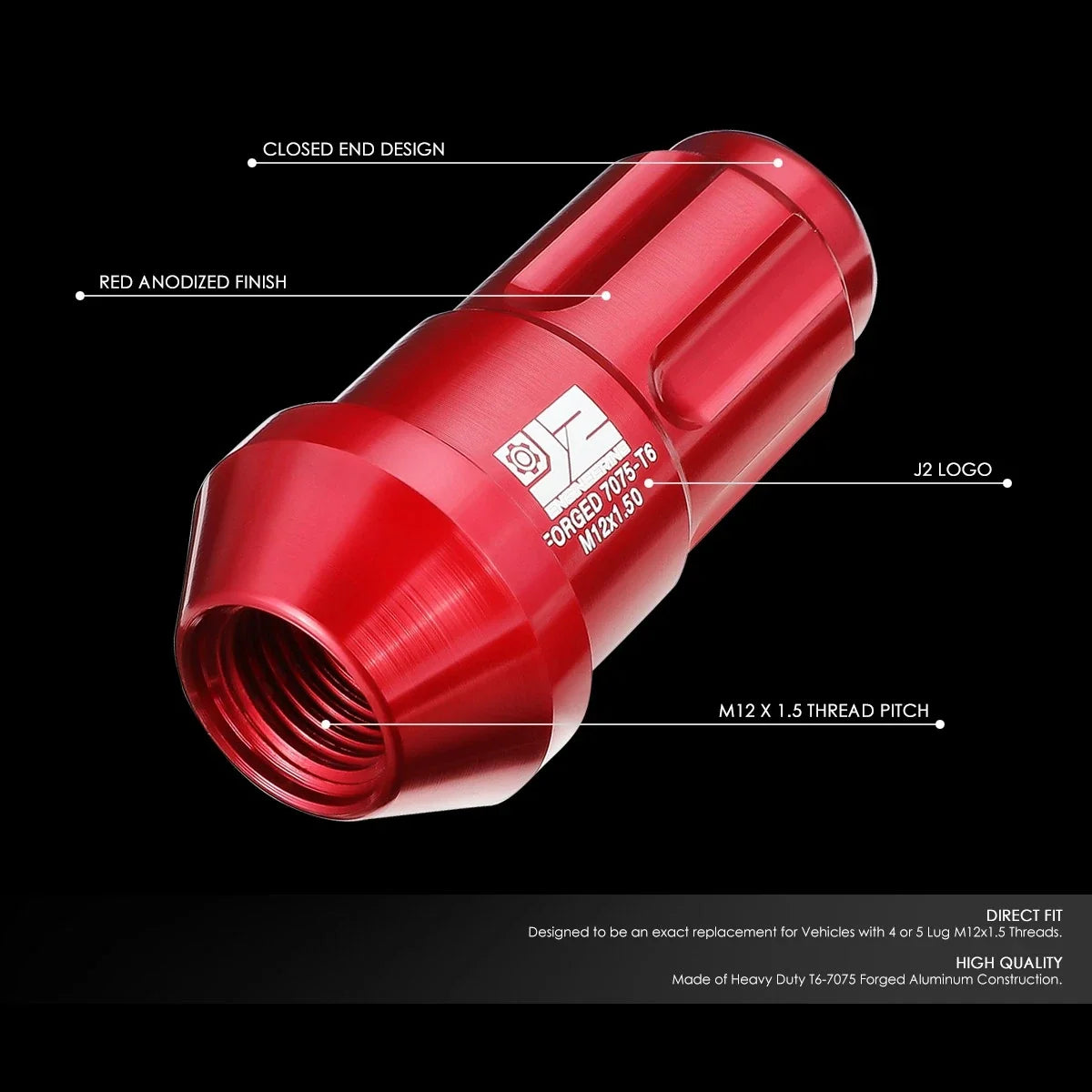 Set of 20 Closed End Lug Nuts M12 x 1.5 for J2 (Red, 24mm Diameter, 50mm Height)
