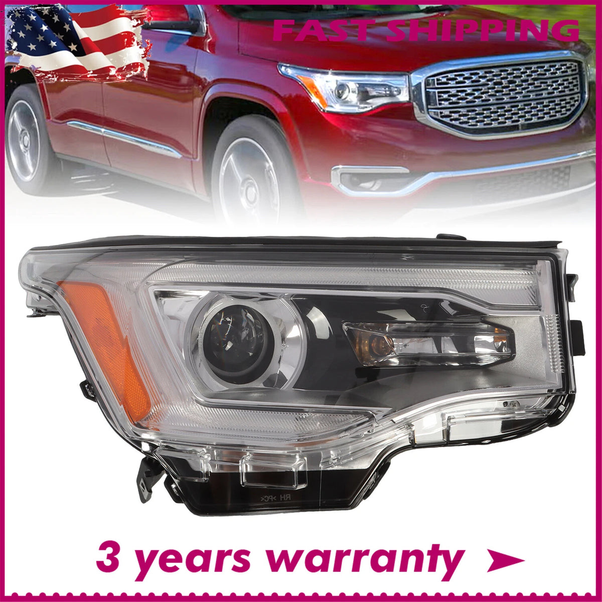 Right Passenger Side Headlight for GMC Acadia (2017–2019) GM2503446, LED, Chrome