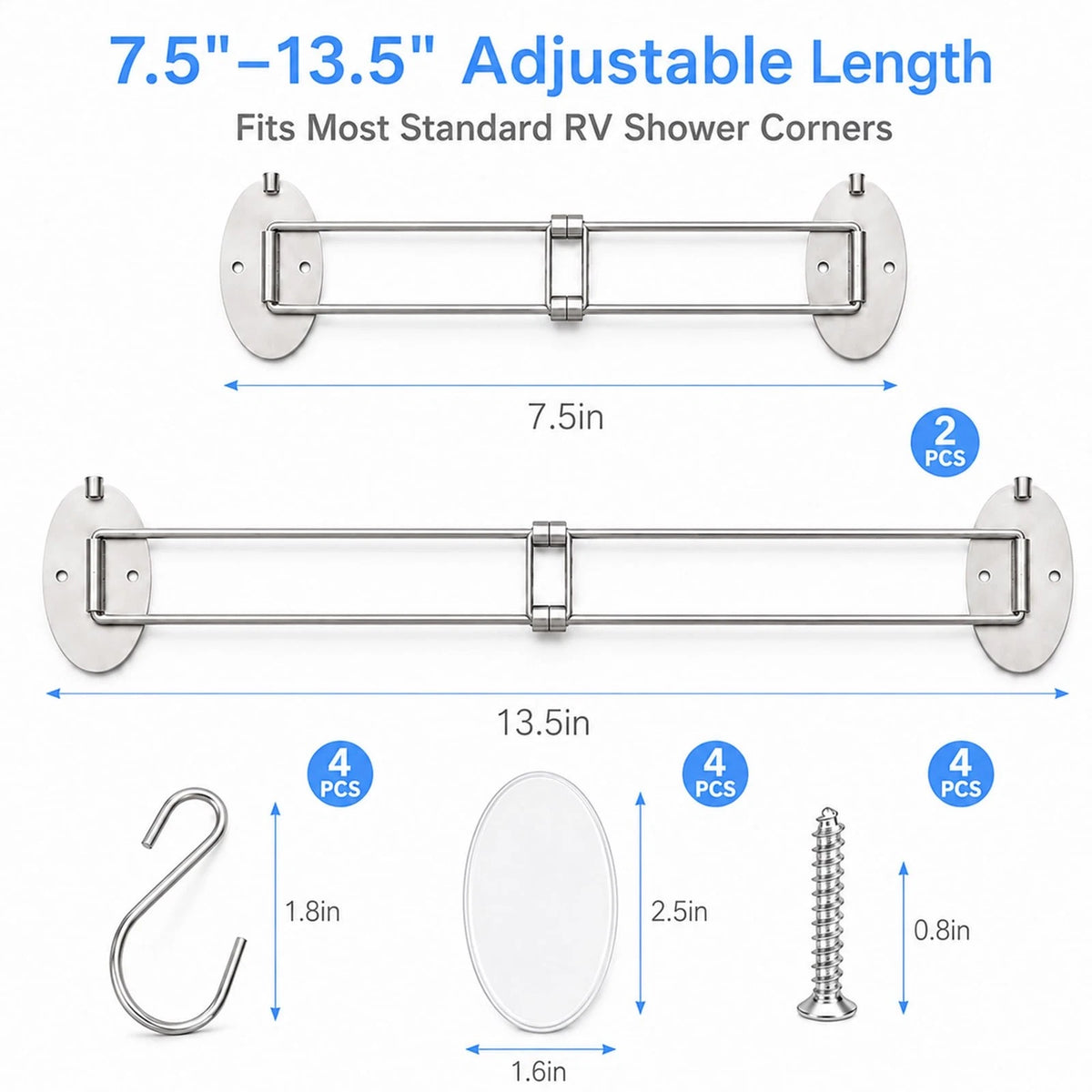 2X RV Shower Corner Storage for Adjustable Length 7.5-13.5 Inch, Silver