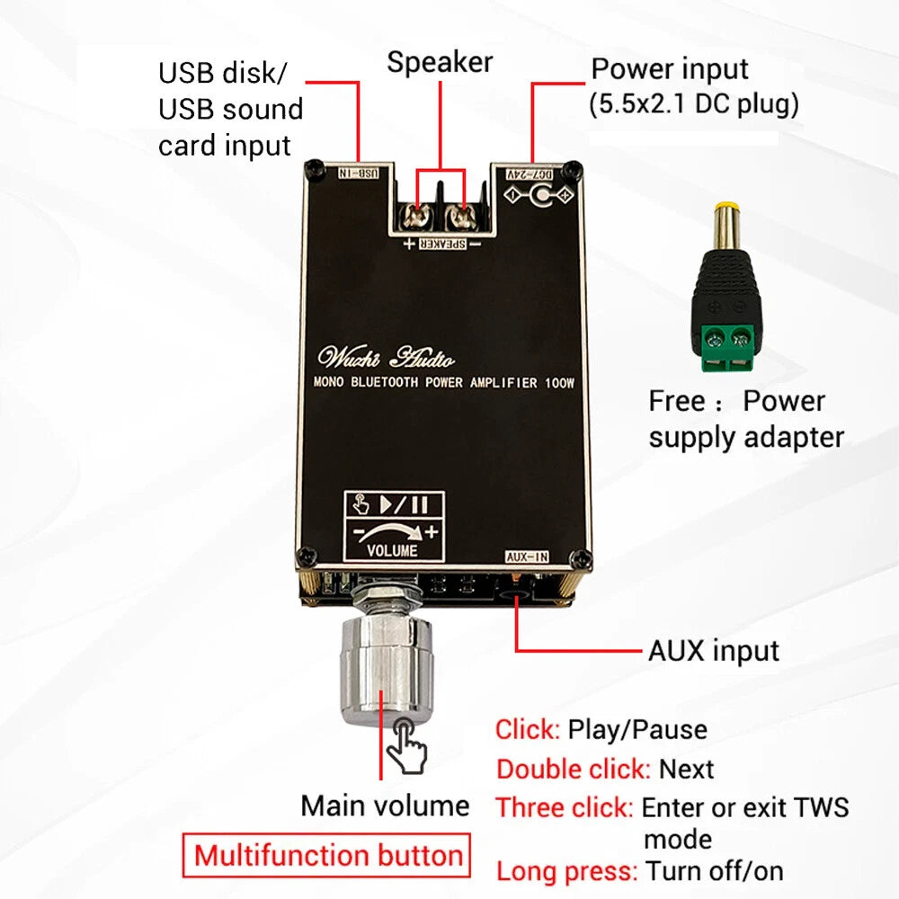 4X Mono Bluetooth Audio Power Amplifier Module TWS DC7-24V TPA3116 100W