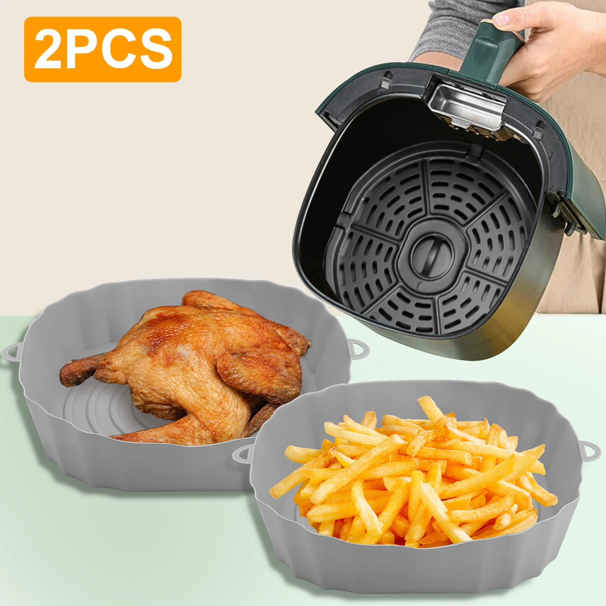 2X Silicone Air Fryer Pots for Oven Tray (Non-Stick, Reusable)