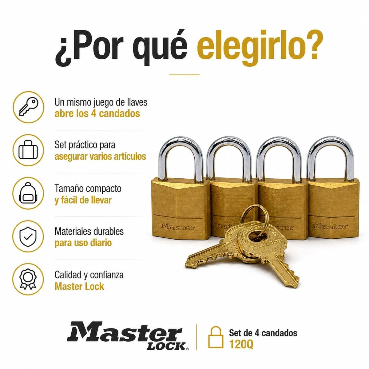 Set of 4 Master Lock 3/4" Solid Brass Padlocks 120Q