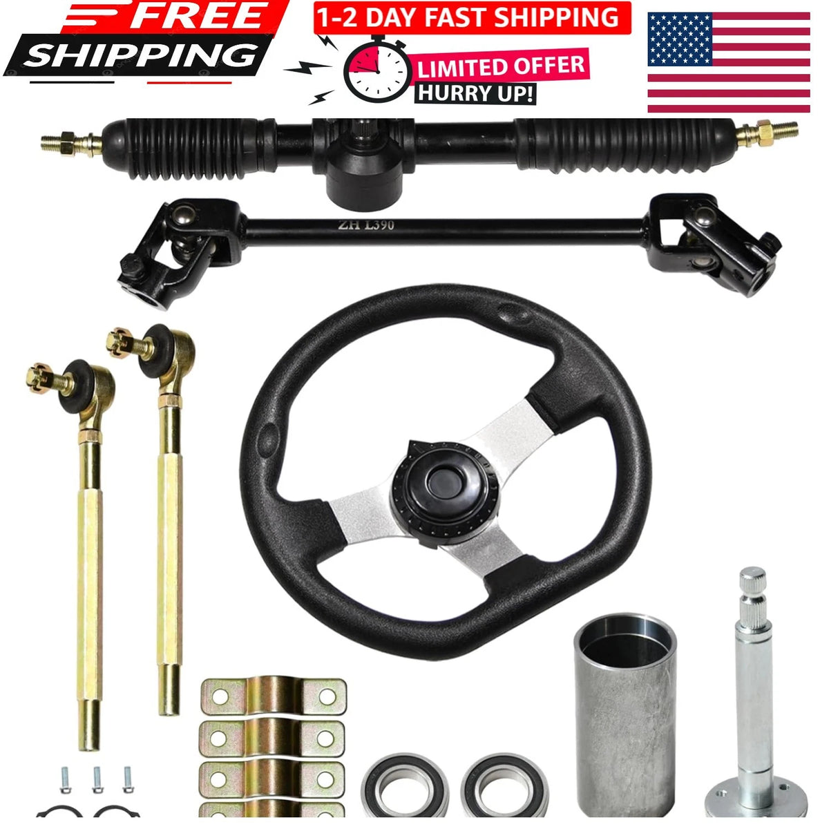 Steering Kit for Go Kart (390mm Shaft, 440mm Rack, 270mm Wheel)