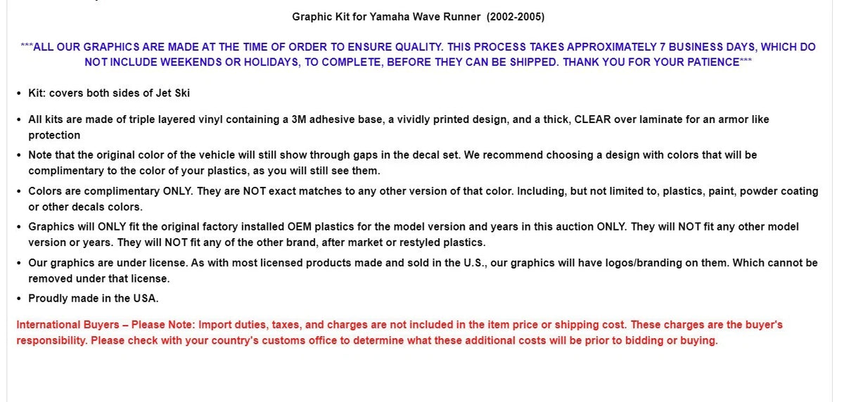 Jet Ski Graphics Decals Stickers for Yamaha Wave Runner (2002–2005)
