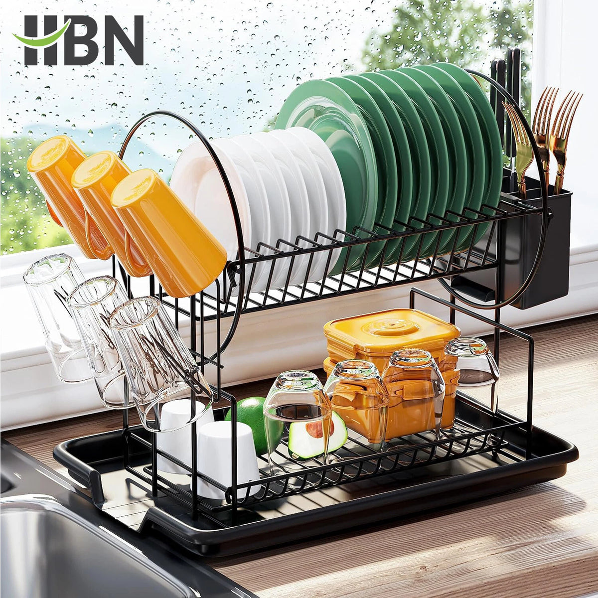 2-Tier Dish Drying Rack for Kitchen Counter with Drainboard
