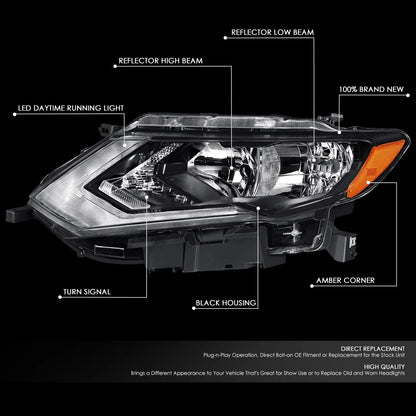 LED DRL Headlight for Nissan Rogue (2017–2020) - Left Driver Side, Black Housing