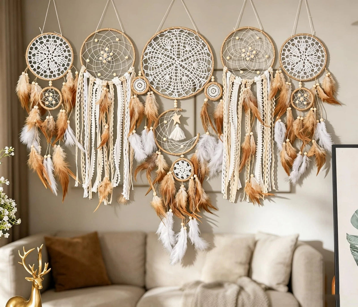 Set of 5 Boho Large Moon Dream Catcher Wall Hanging