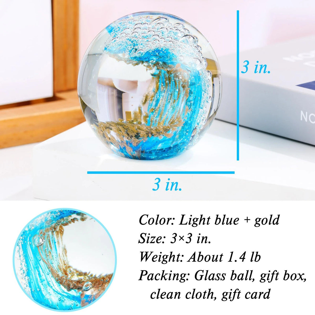 Ocean Waves Glass Ball Decor for Home Decor (3.14 inches, Gold/Blue)