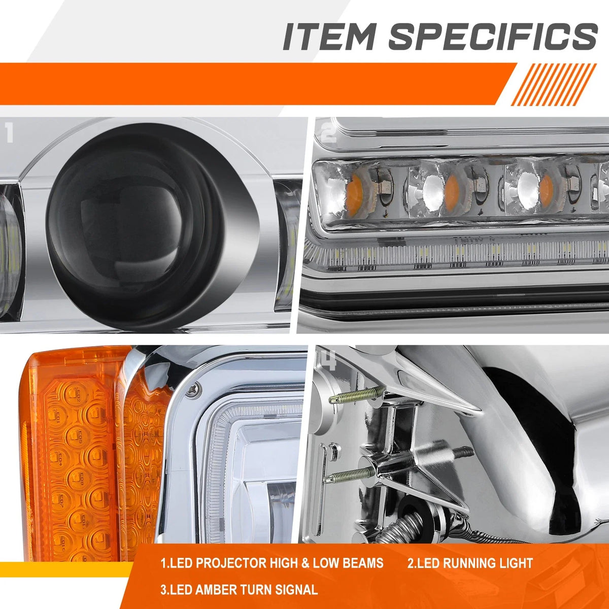 LED Sequential Signal Projector Headlight Chrome for Peterbilt 359 379 389 (1981–2021)