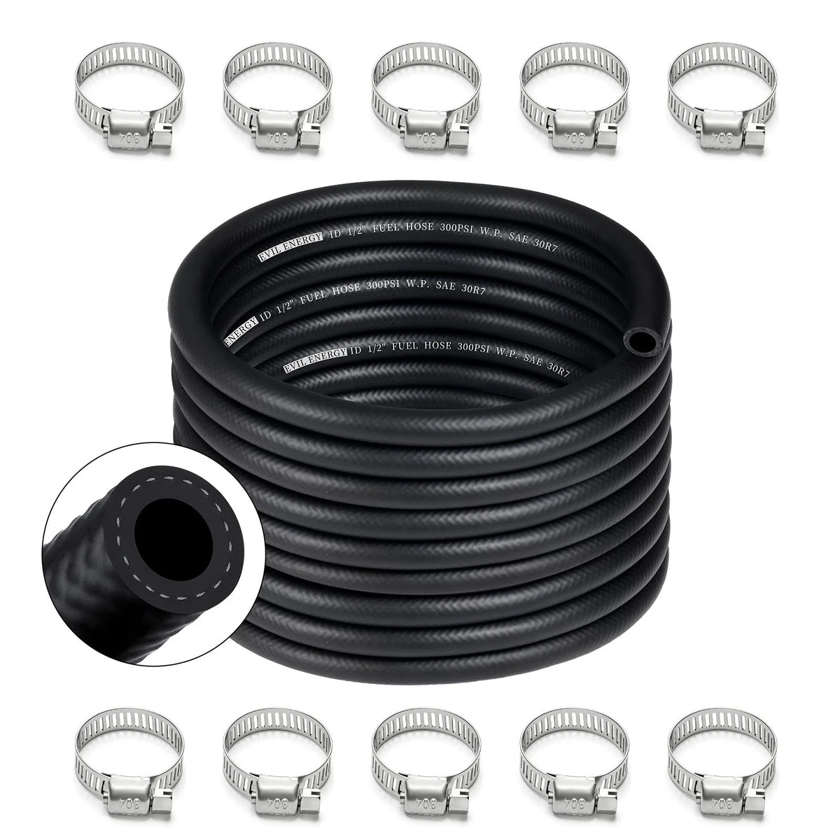 25FT 1/2" Fuel Hose Line NBR Rubber Push Lock with 10 Clamps SAE 30R7 300PSI