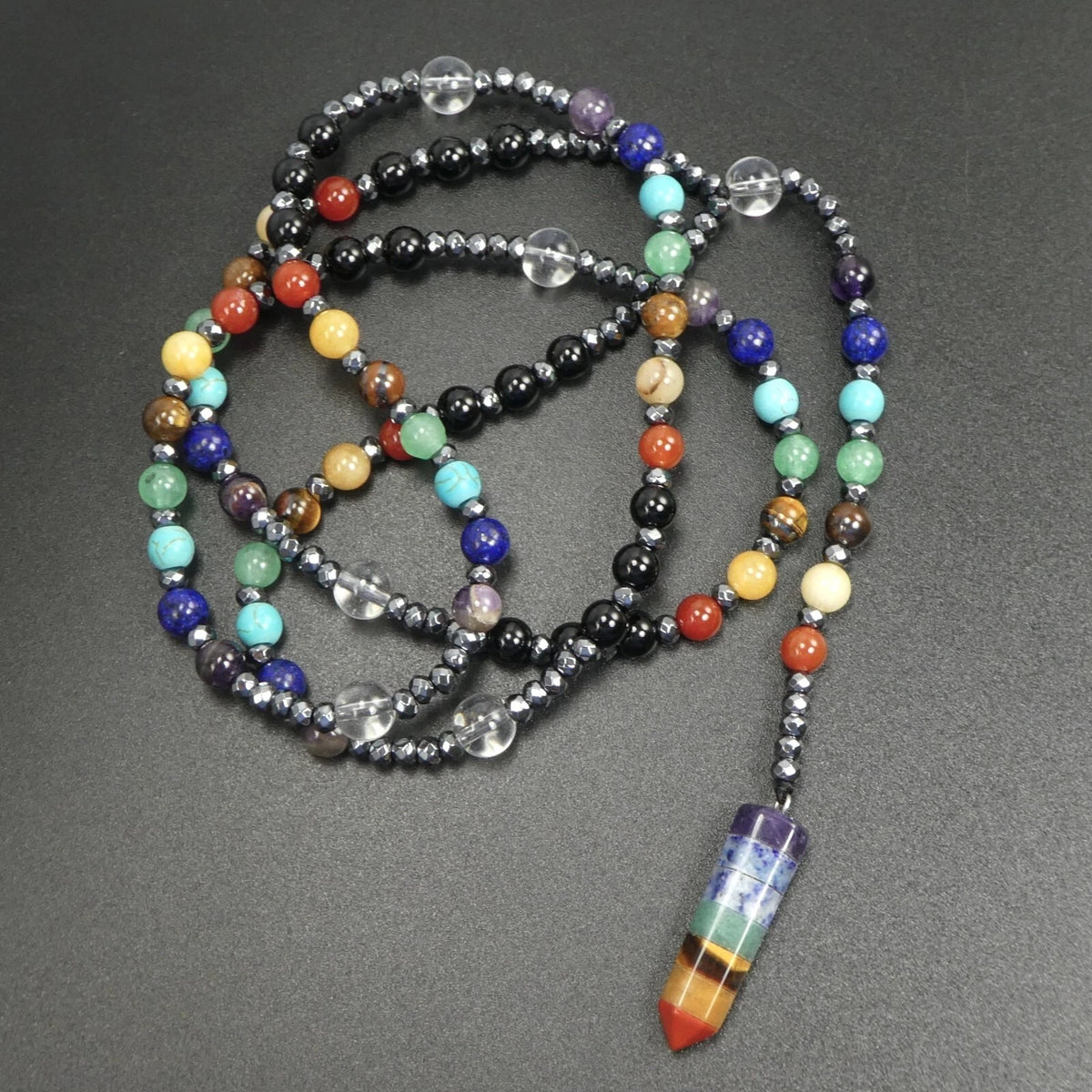 7 Chakras Crystal Point Pendant Necklace 30” Long Multicolor Gemstone