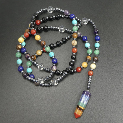 7 Chakras Crystal Point Pendant Necklace 30” Long Multicolor Gemstone