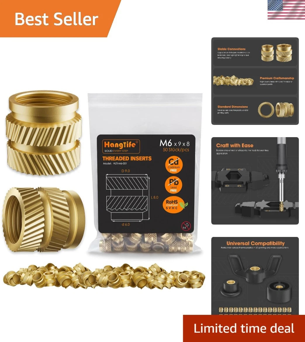 50-Pack M6 Heat-Set Brass Inserts for 3D Printing