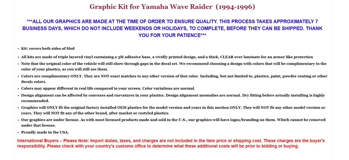 Graphic Stickers Decals for Yamaha Wave Raider (1994–1996)